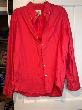 American Eagle Outfitters Bright Red Long-Sleeve Button-Down Shirt